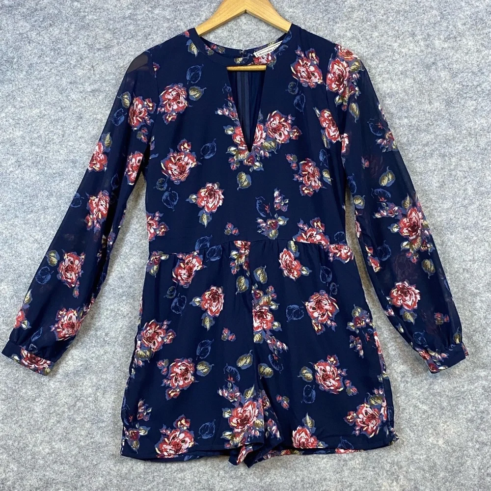 Abercrombie & Fitch Floral Navy Shorts Romper Jumpsuit Sheer Sleeves Size 2